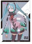  1girl alternate_costume black_legwear character_name commentary commission commissioner_upload english_commentary green_eyes greyscale hatsune_miku headphones jpeg_artifacts long_hair monochrome raincoat see-through short_shorts shorts shrug_(clothing) solo thighhighs tim_loechner twintails very_long_hair vocaloid zoom_layer 