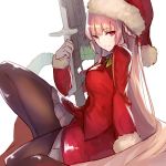  1girl dress fate/grand_order fate_(series) florence_nightingale_(fate/grand_order) gun hat jazztaki long_hair pantyhose pink_eyes pink_hair santa_hat weapon 