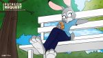  16:9 anthro barefoot bench beverage bottomwear clothed clothing cloud dipstick_ears disney drinking fully_clothed fur grey_body grey_fur hi_res holding_beverage holding_object joaoppereiraus judy_hopps lagomorph leporid mammal multicolored_ears outside pants rabbit scut_tail shirt sitting sky solo t-shirt text topwear tree url zootopia 