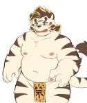  2019 anthro belly blue_eyes blush bulge eyewear felid fur glasses humanoid_hands licho_(tas) male mammal moki moobs navel nipples overweight overweight_male pantherine simple_background solo tiger tokyo_afterschool_summoners video_games white_background white_body white_fur 