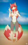  2019 4_toes 5_fingers anthro areola beach bikini blue_eyes blurred_background breasts canid canine canis clothing female fingers gesture hair hi_res hybrid inner_ear_fluff long_hair looking_at_viewer mammal marblesoda nipples procyonid raccoon red_hair rikki seaside smile solo swimwear toes tongue tongue_out tuft v_sign wolf 
