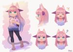  ? absurd_res anthro blue_eyes domestic_cat eyes_closed felid feline felis frappuccino hair hi_res horn hybrid itaki. kemono long_hair mammal model_sheet open_mouth pink_hair side_view signature smile solo whiskers yoga_pants 