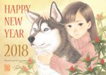  1girl 2018 animal bangs berries black_eyes blue_eyes blunt_bangs chinese_zodiac dog english_text hug leaf long_sleeves looking_at_viewer nengajou new_year original pink_sweater plant smile sweater takigraphic year_of_the_dog 