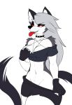 anthro breasts canid canine clothing collar danonymous female fingerless_gloves fur gloves grey_hair hair handwear helluva_boss hi_res loona_(vivzmind) mammal navel red_sclera red_tongue sharp_teeth simple_background smile teasing teeth tongue tongue_out white_body white_eyes white_fur 