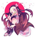  1girl artist_name asa_no_ha_(pattern) bit_gag black_hair black_legwear claw_pose full_body gag gradient_hair hair_ribbon highres japanese_clothes kamado_nezuko kimetsu_no_yaiba kimono knees_up long_hair long_sleeves looking_at_viewer mouth_hold multicolored_hair par0llel pink_eyes pink_footwear pink_kimono pink_ribbon red_circle ribbon sandals simple_background sitting socks solo white_background wide_sleeves 