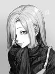  1girl arm_support commentary ear_piercing earrings greyscale hair_over_one_eye highres idolmaster idolmaster_cinderella_girls jewelry long_hair long_sleeves looking_at_viewer monochrome older piercing shiba_itsuki shirasaka_koume signature simple_background sleeves_past_wrists solo stud_earrings sweater turtleneck turtleneck_sweater upper_body 