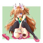  1girl animal_ears bangs bell between_legs black_legwear blue_eyes brown_hair embarrassed eyebrows_visible_through_hair fang floating_hair green_background hair_between_eyes hand_between_legs houjou_hibiki kanichiri long_hair one_eye_closed open_mouth panther_pink_(precure) panties pantyshot pantyshot_(sitting) pink_footwear pink_skirt pleated_skirt precure shiny shiny_hair shiny_legwear sitting skirt solo suite_precure tail thighhighs two-tone_background two_side_up underwear very_long_hair white_background white_panties 