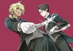  2boys akutsu_mabu black_hair black_neckwear black_pants black_suit blonde_hair butler dark_skin dark_skinned_male from_below glasses glint gloves green_eyes hiyo_(hiyohiyoooooo) holding holding_knife holding_tray knife multiple_boys niiboshi_reo pants red_background sarazanmai sharp_teeth short_ponytail simple_background standing teeth tray vest white_gloves 