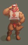  2019 4_toes 5_fingers anthro baseball_cap beard big_muscles black_nipples black_nose body_hair brown_body brown_fur bulge canid canine canis clothing domestic_dog facial_hair fingers fur hair happy_trail hat headgear headwear hi_res lifeguard male mammal muscular muscular_male nipples noodlebeast_(artist) pubes red_hair shirt simple_background solo speedo standing swimwear tank_top toes topwear whistle 