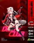  1girl :q animal_hat bangs black_gloves breasts bubble_blowing character_name chewing_gum cleavage dsmile eyebrows_visible_through_hair fishnet_legwear fishnets floating_hair full_body girls_frontline gloves gun hat highres holding holding_gun holding_weapon jacket large_breasts long_hair looking_at_viewer official_art open_clothes open_jacket pink_hair red_eyes sidelocks sitting solo thighhighs tongue tongue_out ukm-2000 ukm-2000_(girls_frontline) weapon 