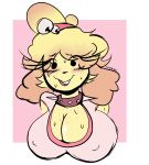  2019 absurd_res animal_crossing anthro big_breasts blush breasts canid canine canis clothed clothing digital_media_(artwork) domestic_dog female fur hair hi_res huge_breasts isabelle_(animal_crossing) looking_at_viewer mammal nintendo open_mouth shih_tzu simple_background solo toy_dog video_games yellow_body yellow_fur 