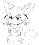  1girl :&lt; animal_ear_fluff animal_ears annoyed bangs blush bow closed_mouth crossed_arms dot_nose eyebrows_visible_through_hair fennec_(kemono_friends) fox_ears fox_tail from_side greyscale jitome kemono_friends looking_away monochrome onomatopoeia panzuban pleated_skirt scarf short_hair short_sleeves simple_background sketch skirt solo sulking sweater tail upper_body v-shaped_eyebrows 