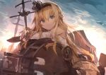  1girl absurdres bangs blonde_hair blue_eyes blush braid crown dress eyebrows_visible_through_hair french_braid highres holding kaamin_(mariarose753) kantai_collection long_hair long_sleeves mini_crown off-shoulder_dress off_shoulder outdoors rigging scepter sky smile solo twitter_username warspite_(kantai_collection) 