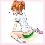  1girl blue_eyes blush brown_hair crying double_bun green_buruma gym_uniform hair_between_eyes hair_ribbon houjou_hibiki kanichiri looking_at_viewer looking_back open_mouth panties peeing peeing_self pink_ribbon precure ribbon shiny shiny_hair shiny_skin shirt short_hair short_sleeves simple_background sitting socks solo suite_precure tears underwear wariza white_background white_legwear white_panties white_shirt 