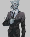  beastars bodily_fluids business_suit canid canine canis clothed clothing collar dokiizz fur grey_body grey_fur legosi_(beastars) male mammal muzzle_(object) muzzled necktie scar simple_background solo suit sweat wolf 