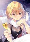  1girl alcohol black_dress blonde_hair blurry blurry_background blush breasts champagne champagne_flute cleavage closed_mouth cup depth_of_field dress drinking_glass earrings fingernails fishnets fur_collar hair_ornament highres holding holding_cup idolmaster idolmaster_shiny_colors jewelry kokusan_moyashi long_fingernails looking_at_viewer red_eyes saijou_juri shawl short_hair short_sleeves small_breasts solo star star_earrings star_hair_ornament table upper_body 