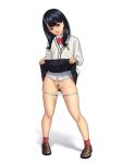  1girl ass_visible_through_thighs black_hair eyebrows_visible_through_hair highres irotsuya lifted_by_self long_hair looking_at_viewer mary_janes necktie panties panty_pull pleated_skirt pubic_hair pussy red_legwear red_neckwear school_uniform shoes skirt skirt_lift ssss.gridman takarada_rikka uncensored underwear white_background white_panties 