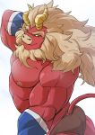  2019 anthro beard big_muscles butt demon eyebrows facial_hair gardie_(otukimi) hair half-length_portrait hi_res horn looking_at_viewer male muscular muscular_male nipples othukimi pink_nipples portrait red_body red_skin simple_background solo thick_eyebrows white_hair wristband 