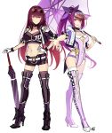  2girls bangs belt black_legwear blush boots bow breasts closed_mouth closed_umbrella coattails cropped_jacket eyewear_on_head fate/grand_order fate_(series) full_body fur-trimmed_jacket fur_trim gloves hair_between_eyes hair_bow high_heel_boots high_heels jacket large_breasts leotard long_hair looking_at_viewer midriff multiple_girls navel okitakung open_mouth outstretched_arm ponytail purple_bow purple_footwear purple_jacket purple_leotard purple_shorts race_queen red_eyes scathach_(fate)_(all) scathach_(fate/grand_order) scathach_skadi_(fate/grand_order) short_shorts shorts simple_background smile sunglasses thigh_boots thighhighs thighhighs_under_boots umbrella visor_cap white_background white_gloves white_legwear 