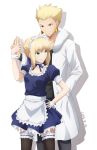  1boy 1girl 2019 apron artoria_pendragon_(all) bangs black_legwear black_shirt blonde_hair blue_ribbon blue_shirt blue_skirt braid braided_bun clenched_teeth collarbone couple dated detached_collar fate/stay_night fate_(series) frilled_apron frills garters gilgamesh green_eyes grey_pants hand_in_pocket hand_on_hip highres holding_hands jewelry layered_skirt maid maid_headdress miniskirt neck_ribbon pants pikoguramyu pleated_skirt red_eyes ribbon ring saber shadow shirt short_hair short_sleeves simple_background skirt teeth thighhighs tied_hair waist_apron white_apron white_background wrist_cuffs 