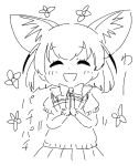  1girl ^_^ animal_ear_fluff animal_ears bangs blush bow clapping closed_eyes dot_nose extra_ears eyebrows_visible_through_hair facing_viewer fennec_(kemono_friends) flower fox_ears gloves greyscale hands_up happy kemono_friends monochrome motion_lines onomatopoeia open_mouth panzuban pleated_skirt puffy_short_sleeves puffy_sleeves scarf short_hair short_sleeves simple_background sketch skirt smile solo sweater upper_body |d 