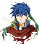  1boy blue_eyes blue_hair character_name commentary_request fire_emblem fire_emblem:_path_of_radiance green_headband headband ike_(fire_emblem) looking_at_viewer male_focus portrait red_scarf scarf simple_background sketch takunori_no_soren translated v-shaped_eyebrows white_background 