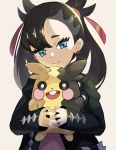  1girl :d asymmetrical_bangs bangs beppu_mitsunaka black_eyes black_hair black_jacket blue_eyes closed_mouth commentary_request earrings fang gen_8_pokemon grey_background hair_ribbon head_tilt holding holding_pokemon jacket jewelry long_hair long_sleeves looking_at_viewer looking_back mary_(pokemon) morpeko open_clothes open_jacket open_mouth pokemon pokemon_(creature) pokemon_(game) pokemon_swsh red_ribbon ribbon simple_background sleeves_past_wrists smile twintails upper_body 