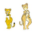  armlet baikoko_island_(tansau) bangle bikini cheetah choker clothing duo felid feline female jewelry leopard looking_at_viewer mammal muscular muscular_female necklace one_eye_closed pantherine simple_background size_difference smile spots swimwear tansau white_background wink 