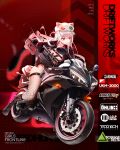  1girl animal_hat bangs black_gloves breasts bubble_blowing character_name chewing_gum cleavage dsmile eyebrows_visible_through_hair fishnet_legwear fishnets floating_hair full_body girls_frontline gloves ground_vehicle gun hat highres holding holding_gun holding_weapon jacket large_breasts long_hair looking_away motor_vehicle motorcycle official_art open_clothes open_jacket pink_hair red_eyes riding sidelocks solo thighhighs ukm-2000 ukm-2000_(girls_frontline) weapon wind 