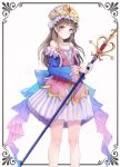  1girl atelier_(series) atelier_totori bangs blue_sleeves blush brown_eyes brown_hair collarbone commentary_request detached_sleeves dress eyebrows_visible_through_hair feet_out_of_frame gem hat holding holding_staff long_hair looking_at_viewer pink_dress simple_background smile solo staff totooria_helmold white_background yeong 