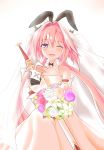  1boy absurdres artist_request astolfo_(fate) astolfo_(saber)_(fate) bangs bare_shoulders black_bow black_gloves black_ribbon blush bouquet bow bridal_veil bride detached_collar dress elbow_gloves fang fate/grand_order fate_(series) flower gloves hair_bow hair_intakes hair_ribbon highres holding holding_bouquet long_hair looking_at_viewer multicolored_hair open_mouth otoko_no_ko pink_hair purple_eyes ribbon simple_background smile solo streaked_hair sword twintails veil weapon wedding_dress white_background white_dress white_hair 