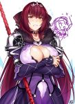  1girl armlet bangs blush bow breasts chibi choker cleavage cleavage_cutout clenched_teeth commentary_request cosplay costume_switch crossed_arms dress fate/grand_order fate_(series) fur_trim gae_bolg hair_between_eyes hair_bow headpiece large_breasts long_hair long_sleeves looking_at_viewer okitakung pauldrons polearm purple_bow purple_dress purple_hair red_eyes scathach_(fate)_(all) scathach_(fate/grand_order) scathach_(fate/grand_order)_(cosplay) scathach_skadi_(fate/grand_order) scathach_skadi_(fate/grand_order)_(cosplay) sparkle teeth tiara weapon white_background 