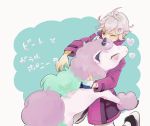  1boy ahoge beet_(pokemon) blonde_hair bracelet curly_hair galarian_ponyta gloves hug jacket jewelry one_eye_closed pink_jacket pokemon pokemon_(game) pokemon_swsh ponyta popped_collar purple_eyes short_hair single_glove 