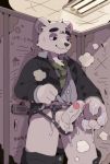  2019 aggressive_retsuko anthro balls bottomwear clothing detailed_background erection fur male mammal necktie pants penis polar_bear rokuyon sanrio shirota shirt solo topwear underwear ursid ursine white_body white_fur 