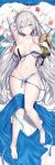  1girl anastasia_(fate/grand_order) arm_up armpits bangs barefoot bikini blue_bikini blue_cloak blue_eyes blue_ribbon blush breasts cloak closed_mouth collarbone crossed_bangs crown doll fate/grand_order fate_(series) full_body fur-trimmed_jacket fur_trim hairband highres holding holding_doll jacket large_breasts legs long_hair looking_at_viewer lying mini_crown navel on_back ribbon rin_yuu royal_robe silver_hair solo swimsuit toenail_polish undressing untied untied_bikini very_long_hair viy 