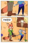  ! 2018 anthro barefoot black_nose bottomwear brown_body brown_fur brown_tail canid canine clothed clothing comic dialogue dipstick_ears dipstick_tail disney english_text fox fully_clothed fur gesture green_eyes grey_body grey_fur grey_tail group hands_in_pockets head_tuft hi_res joaoppereiraus judy_hopps lagomorph larger_anthro leporid looking_at_another looking_down mammal mouse multicolored_ears multicolored_tail murid murine necktie nick_wilde nude open_mouth orange_body orange_fur orange_tail outside pants pockets pointing rabbit red_fox rodent shirt sidewalk sign size_difference smaller_anthro speech_bubble surprise teeth text toes topwear tuft wide_eyed yelling zootopia 