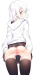  1girl anus ass black_legwear blue_eyes blush censored from_behind from_below hair_between_eyes hood hood_down hoodie looking_at_viewer looking_back mosaic_censoring no_panties original otokuyou pleated_skirt pussy ringo-chan_(otokuyou) short_hair skirt skirt_lift solo spread_pussy tail thighhighs white_background white_hair 