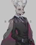  beastars business_suit cervid clothed clothing dokiizz fur gun horn louis_(beastars) male mammal necktie ranged_weapon simple_background solo suit weapon 
