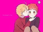  2boys arthur_pendragon_(fate) blonde_hair cheek_kiss emiya_shirou fate/prototype fate/stay_night fate_(series) hakura13 kiss multiple_boys red_hair 