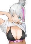  1girl black_bra blue_eyes bra breasts cleavage flasso girls_frontline grin highres large_breasts looking_at_viewer mdr_(girls_frontline) multicolored_hair off-shoulder_shirt off_shoulder one_eye_closed pink_hair shirt shirt_lift short_hair silver_hair simple_background smile solo topknot two-tone_hair underwear upper_body white_background 