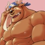  1:1 2017 anthro asterios bandanna big_muscles bovid bovine brown_body brown_fur brown_hair bust_portrait cattle clothed clothing eyebrows facial_piercing fur hair hi_res looking_at_viewer male mammal muscular muscular_male nipples nose_piercing nose_ring one_eye_closed othukimi pecs piercing portrait solo thick_eyebrows tokyo_afterschool_summoners topless video_games wink 