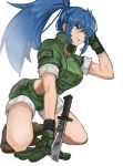 1girl ahoge blue_eyes blue_hair boots breasts brown_footwear combat_knife flasso full_body gloves green_gloves hand_on_own_head highres kneeling knife large_breasts leona_heidern long_hair midriff parted_lips ponytail short_sleeves shorts simple_background solo the_king_of_fighters thighs weapon white_background 