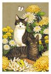  animal black_cat border bug butterfly cat cat_focus chrysanthemum flower insect looking_at_viewer no_humans original signature takigraphic white_border white_flower yellow_butterfly yellow_eyes yellow_flower 
