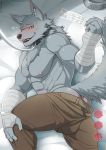  &lt;3 abs blush bowl canid canine canis clothed clothing collar flower food_bowl fur grey_body grey_fur kemono_michi:_rise_up male mammal mumu202 nipples open_mouth open_smile pecs plant smile solo topless wolf wolfgang_von_kraftman yellow_eyes 