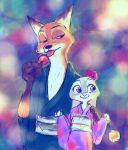  abstract_background anthro asian_clothing canid canine clothed clothing dipstick_ears disney duo east_asian_clothing food fox fully_clothed fur gloves_(marking) grey_body grey_fur holding_food holding_object japanese_clothing judy_hopps kimono lagomorph leporid mammal markings multicolored_ears nick_wilde orange_body orange_fur pink_nose pnoll purple_eyes rabbit red_fox tongue tongue_out zootopia 