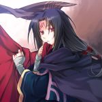  1boy bangs black_hair cape facial_mark fire_emblem fire_emblem:_path_of_radiance forehead_mark holding_cape holding_clothes long_hair long_sleeves looking_at_viewer male_focus parted_bangs parted_lips purple_cape red_cape red_eyes shuri_yasuyuki solo soren_(fire_emblem) upper_body wide_sleeves 