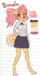  4_toes anthro blouse blush bottomwear canid canine canis character_name clothed clothing color_swatch cub domestic_dog female front_view fully_clothed hair hi_res mammal model_sheet paws pink_hair pomela_(artist) pomela_(pomela) school_uniform skirt smile solo teenager toes uniform young 