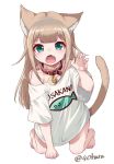  1girl 40hara all_fours animal_ear_fluff animal_ears aqua_eyes bangs barefoot blonde_hair blunt_bangs blush cat_ears cat_tail claw_pose clothes_writing collar eyebrows_visible_through_hair fang green_eyes kinako long_hair looking_at_viewer open_mouth original pet_collar red_collar shirt solo t-shirt tail twitter_username white_background white_shirt 