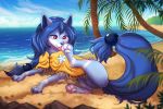  2019 4_toes beach blue_body blue_fur blue_hair canid canine day detailed_background digital_media_(artwork) eyebrows eyelashes female feral fur hair ketty mammal outside pawpads pink_pawpads red_eyes sand seaside shoreline sky solo toes water 
