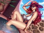  1girl armlet bare_shoulders blue_eyes blue_sky bracelet breasts cleavage cleavage_cutout cloud earrings english_commentary halterneck hand_on_headwear hat hoop_earrings jewelry large_breasts league_of_legends long_hair nikita_varb outdoors partially_submerged plant red_hair red_lips red_nails sarah_fortune sitting sky sun_hat sunglasses swimsuit thighs water 